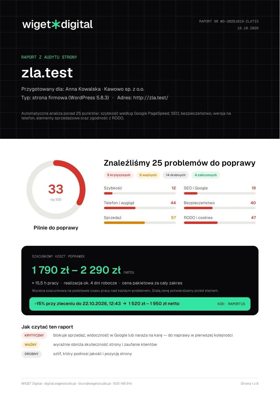 Przykładowa pierwsza strona raportu PDF z audytu strony: wynik 33/100, liczba problemów i szacunkowy koszt poprawek